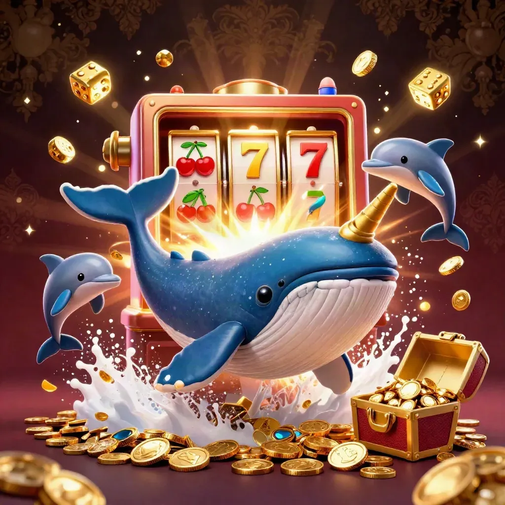 Whale captain, narwhal, and dolphins burst through coins beside a glowing slot machine and treasure chest.