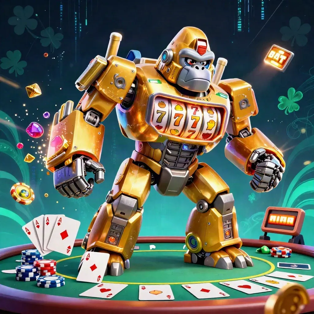 Golden gorilla mech with tiny monkey pilot, poker chips, aces and neon energy exploding outward