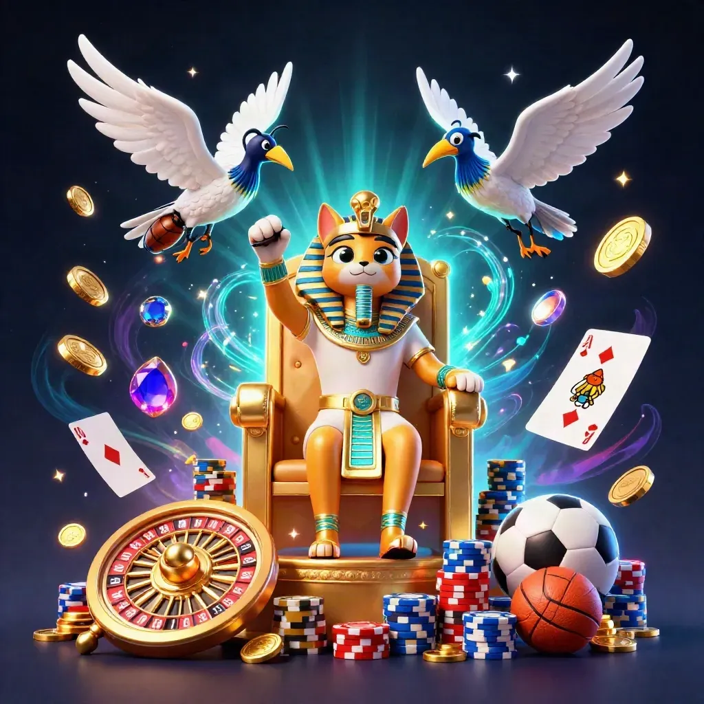 Pharaoh cat, scribe ibis, and scarabs amid flying coins, chips, cards, and sports bets