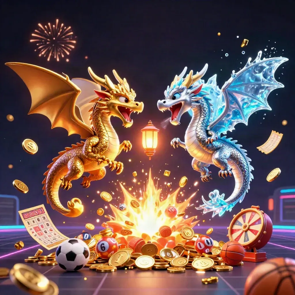 Gold and silver dragons spiral through treasure coins, lottery balls, and fireworks on a dark neon casino backdrop