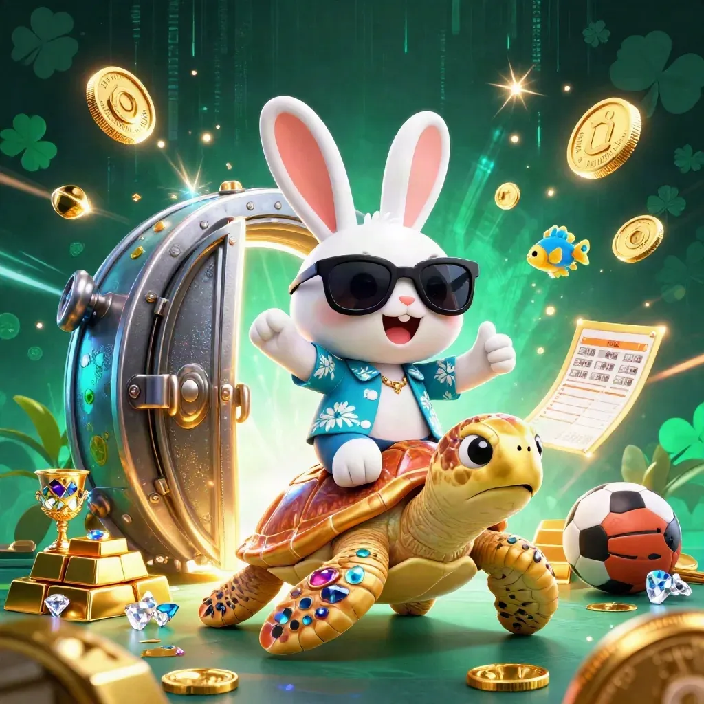 Lucky rabbit on a golden sea turtle amid vault loot, coins, fireworks, and sports balls