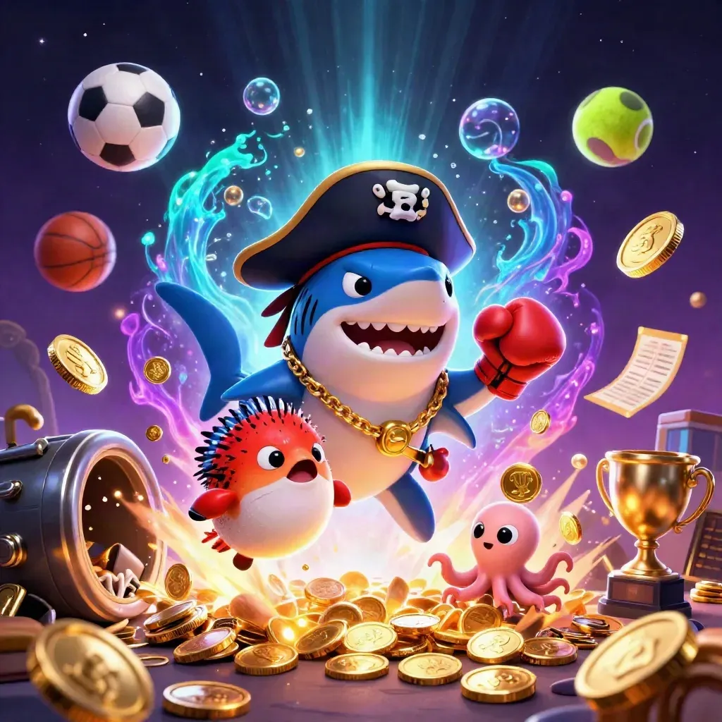 Shark pirate, boxing pufferfish, and octopus amid coins, sports balls, fireworks, and glowing loot