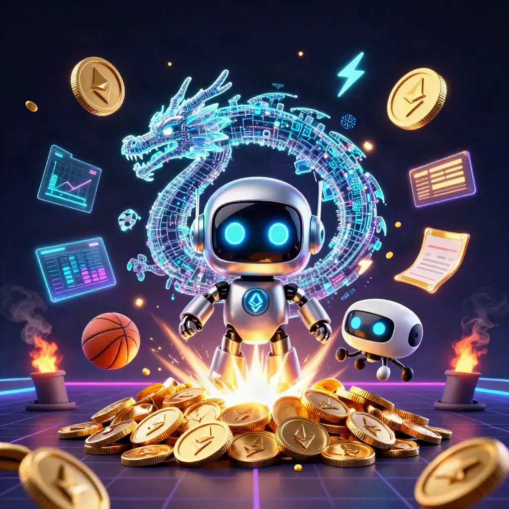 Cyberpunk robot, AI dragon, and coin drone amid exploding gold coins and sports betting symbols.
