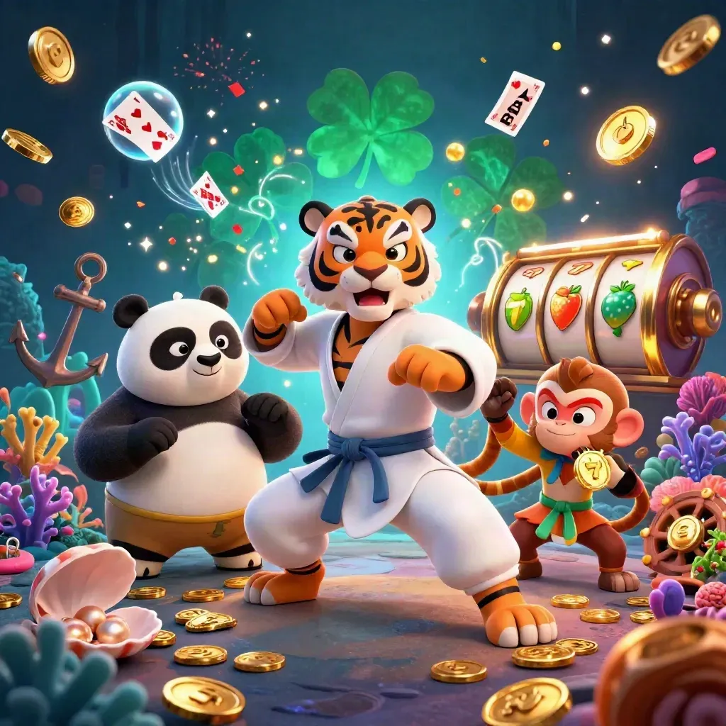 Kung-fu tiger, panda, and monkey amid a treasure cove of coins, cards, reels, and sparks.