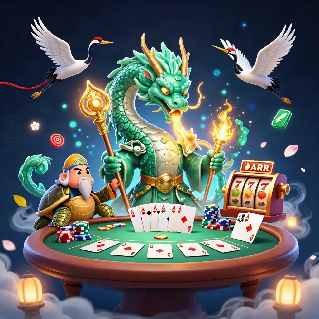 Jade dragon, turtle sage and cranes amid casino chips, cards, reels and teal-gold magic.