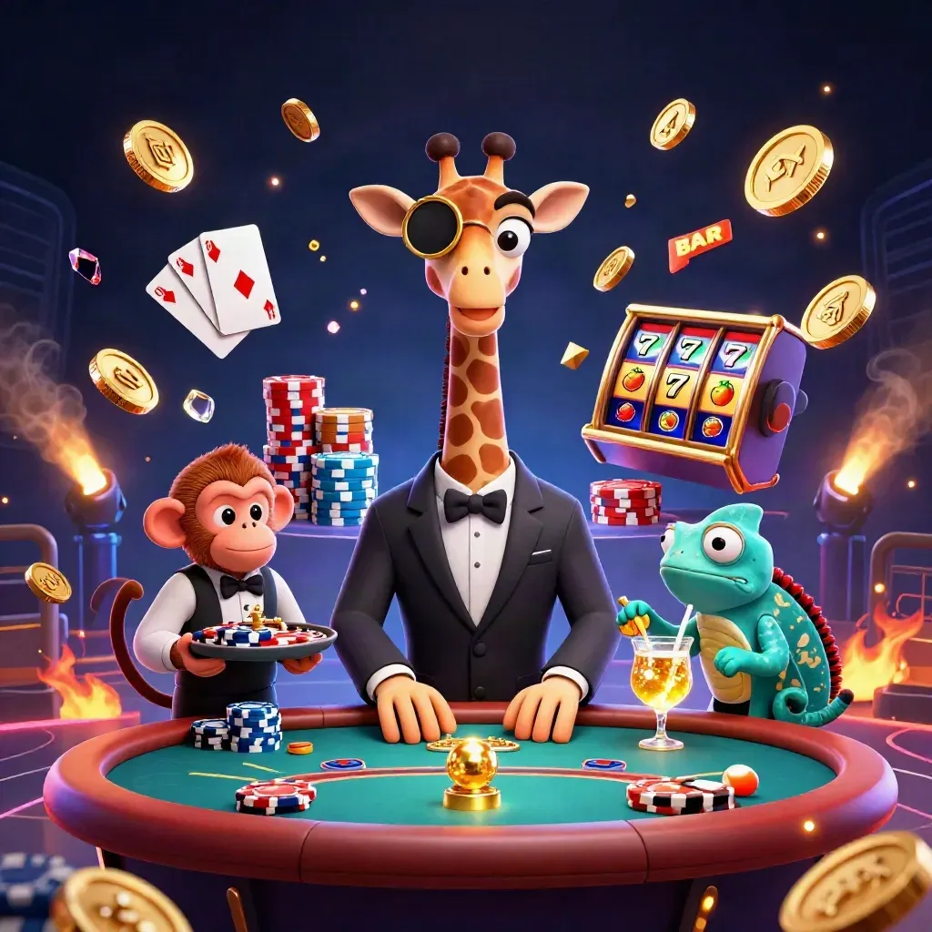 Giraffe, monkey, and chameleon casino heroes amid gold coins, chips, roulette, and neon effects.