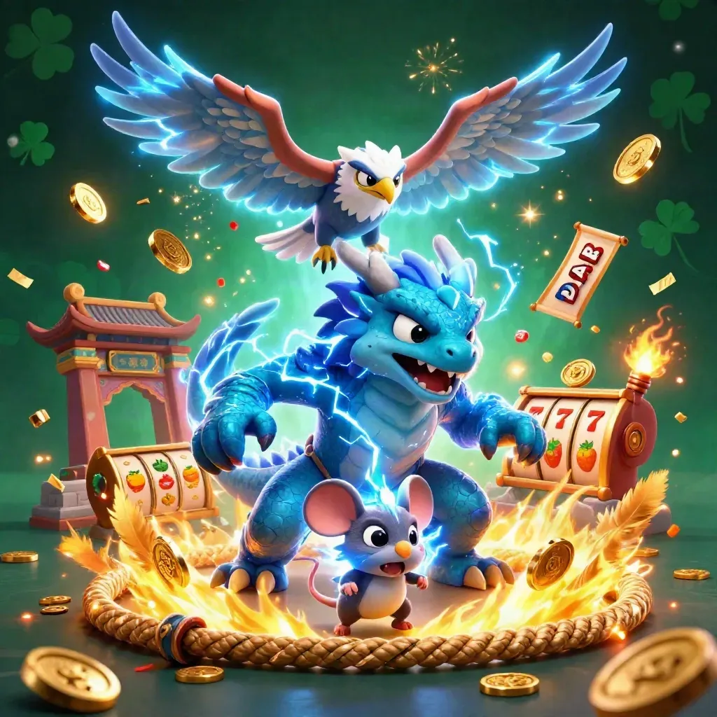 Thunder dragon, wind hawk, and static mouse amid casino sparks and reels.