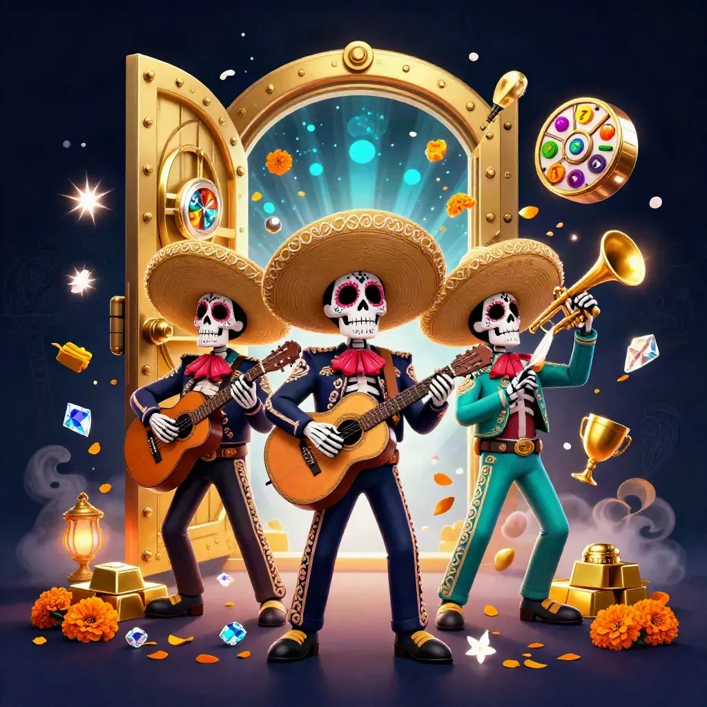 Three skeleton mariachi musicians burst from a golden vault amid casino lights and flying gems.
