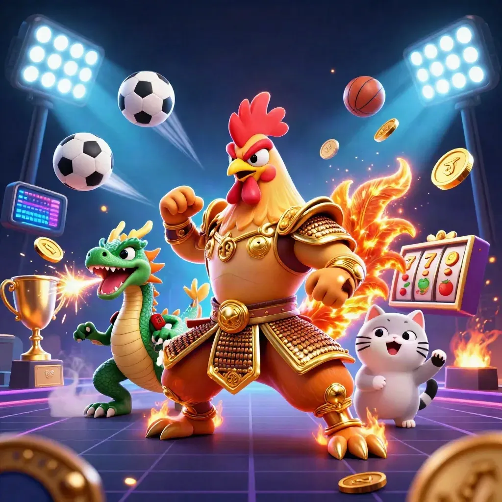 Rooster samurai, spark-breathing dragon hatchling and fortune cat amid casino sports effects.