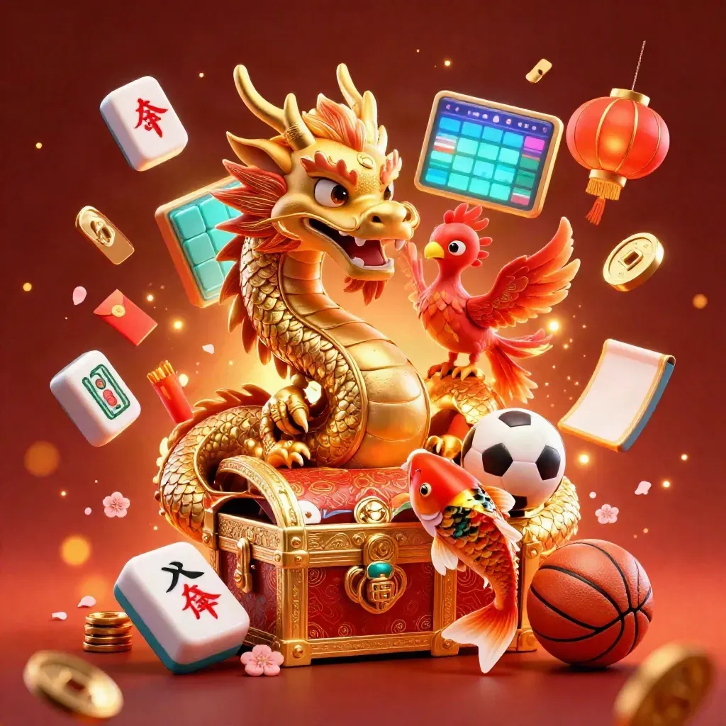 Golden dragon, phoenix, koi and casino symbols bursting in a fiery neon square.