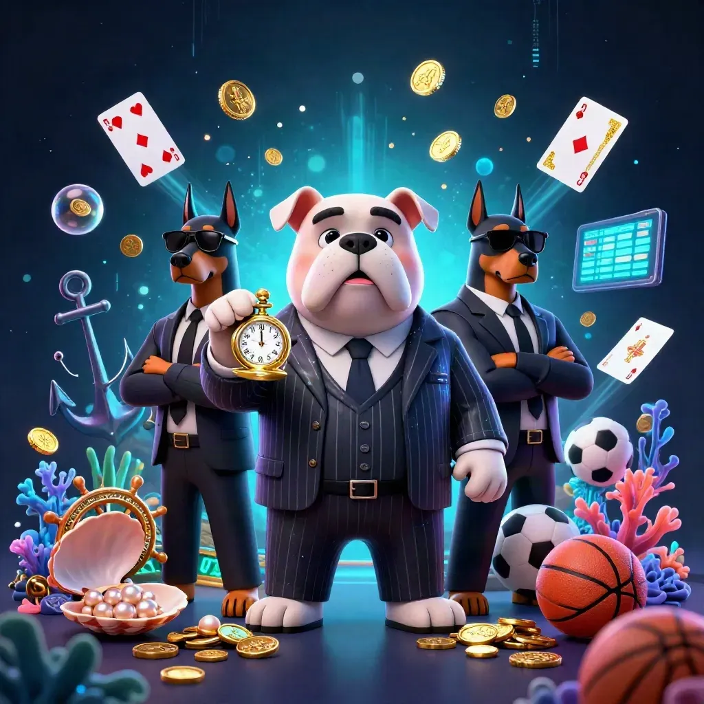 Bulldog boss and Doberman guards in a neon treasure cove with gold coins and sports props.