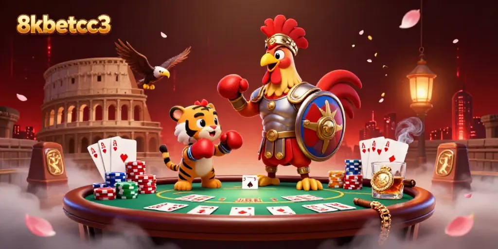 Engage with 8kbetcc3 as a bold gladiator rooster faces a tiger cub in a vibrant casino arena.