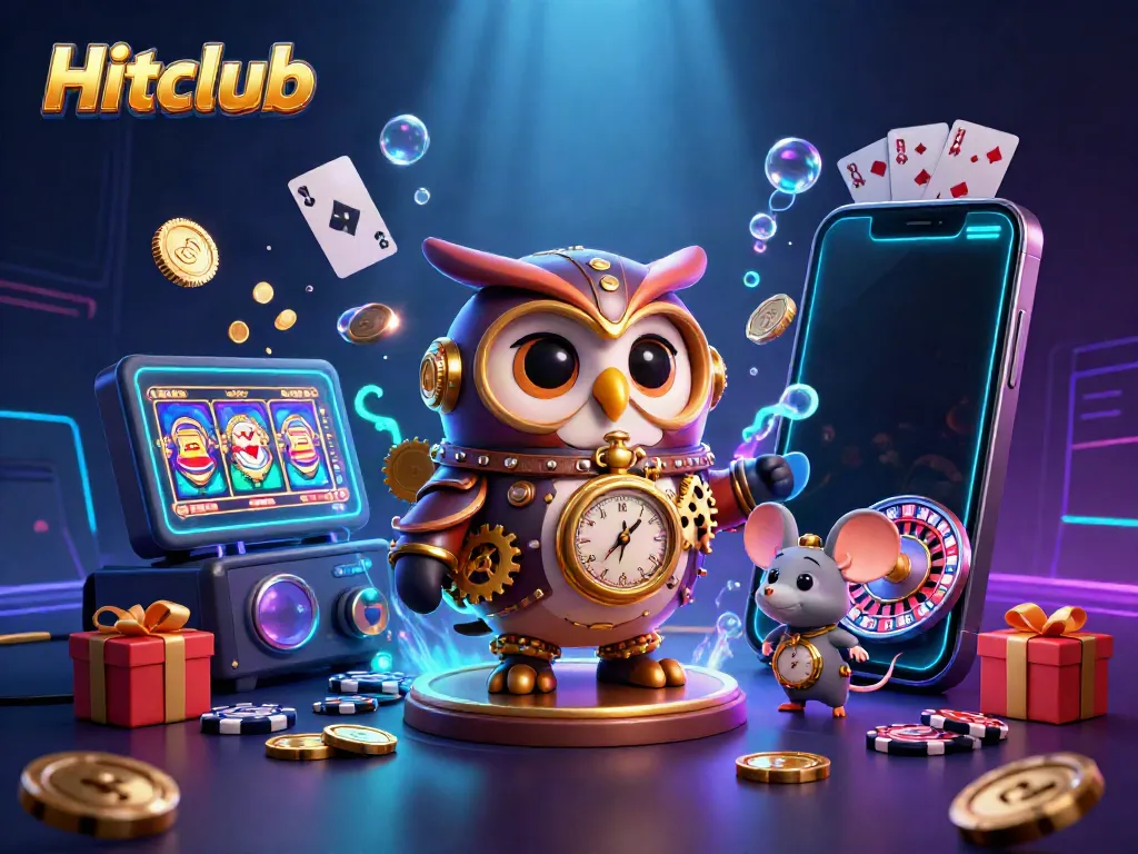 Hitclub game promotes thrilling online gambling experiences with a steampunk owl and casino elements.