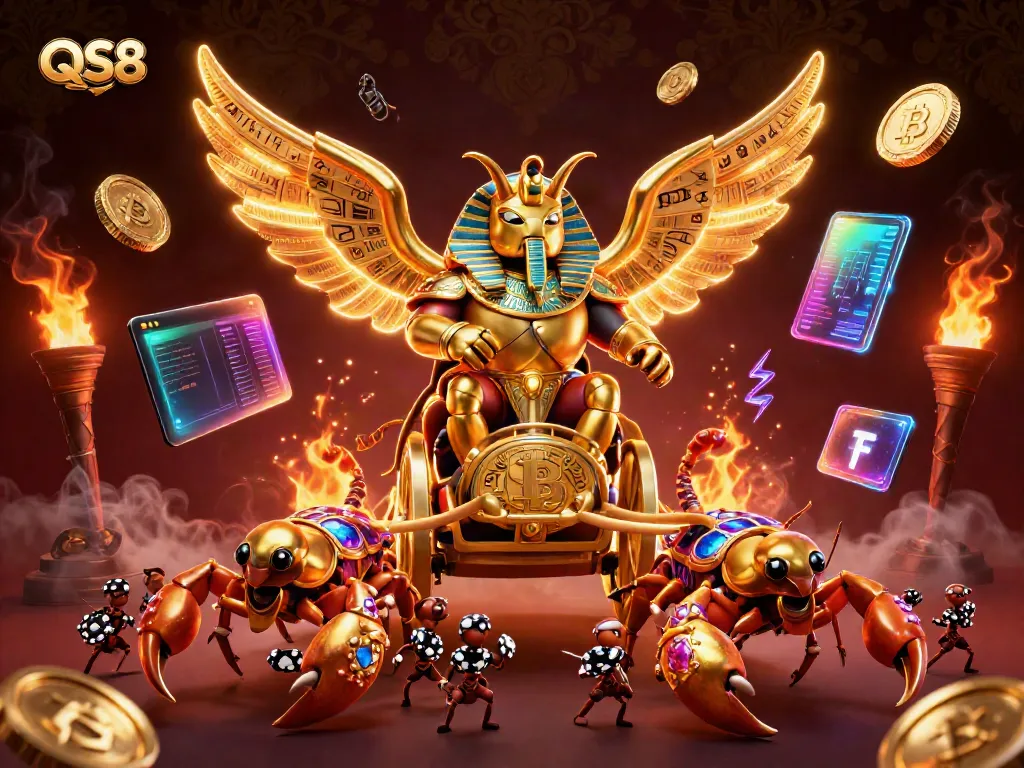 Experience thrilling casino battles with QS88's vibrant illustration showcasing gold beetles and scorpions!