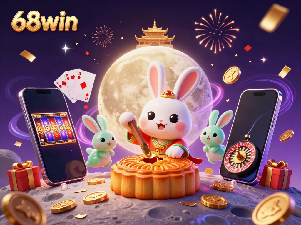 Experience lively gaming with the 68win scene featuring moon rabbits, poker chips, and vibrant casino elements.
