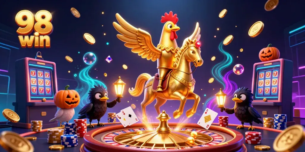 Experience the excitement of 98 win with dazzling golden coins and a magical casino atmosphere.