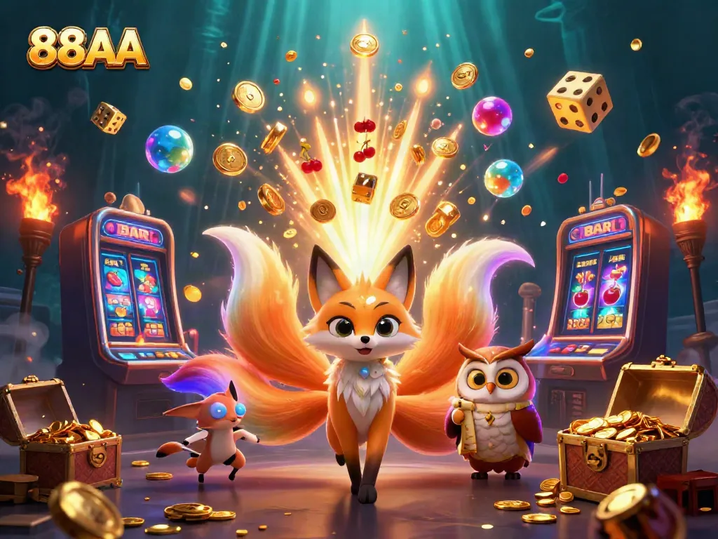 Engage with 88AA in a vibrant 3D casino scene showcasing games, slot machines, and magical characters.