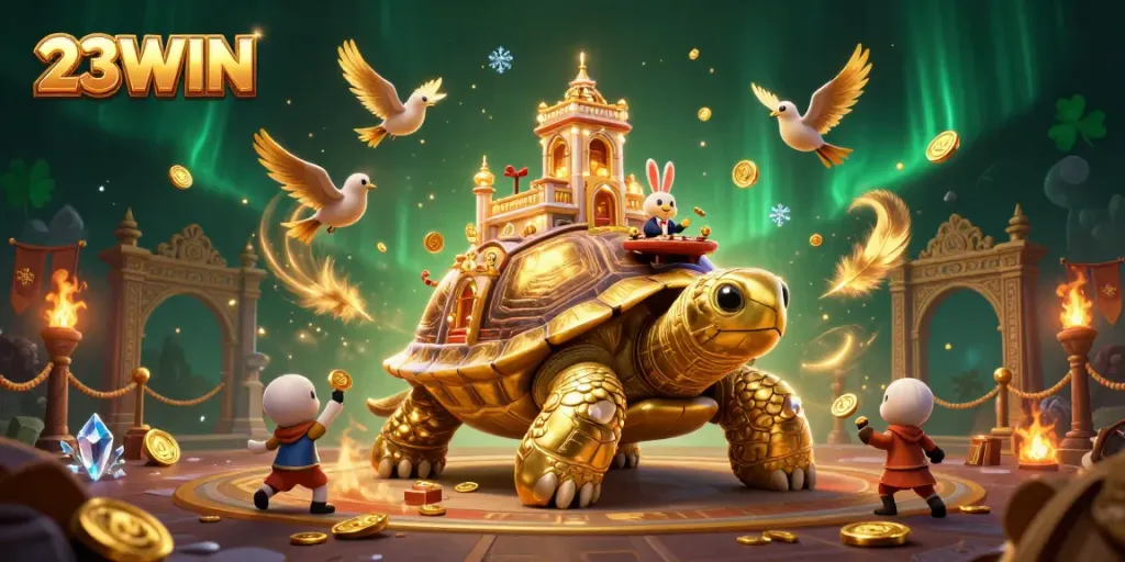 Experience 23WIN with a vibrant casino scene featuring golden tortoise, rabbit dealer, and flying coins.