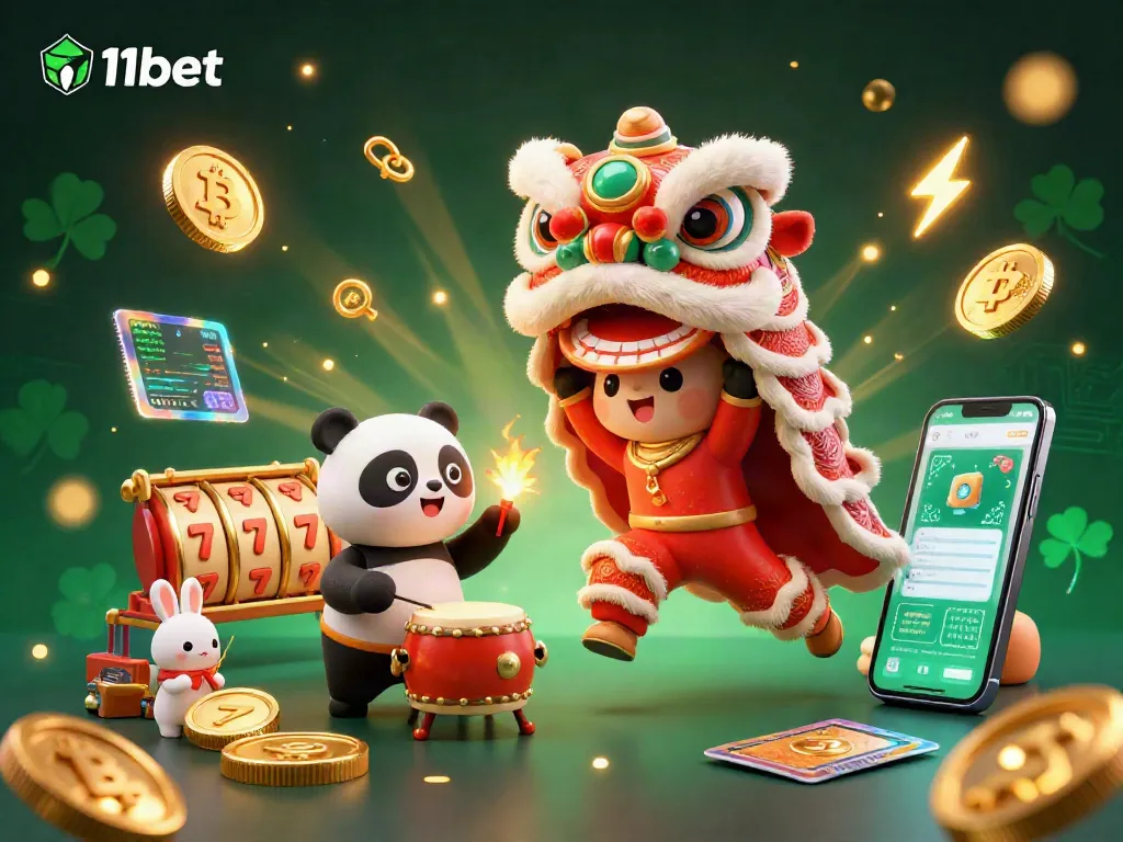Join the excitement with 11bet's colorful lion dance, vibrant slot reels, and crypto elements in this captivating illustration.