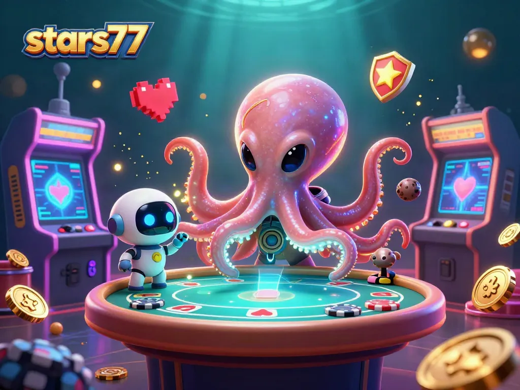 Keberuntungan di dunia stars77, alien bertema kasino bermain poker dengan chip mengorbit.