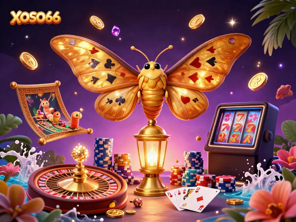XOSO66 showcases an enchanting casino scene with a golden moth, vibrant games, and sparkling treasures.