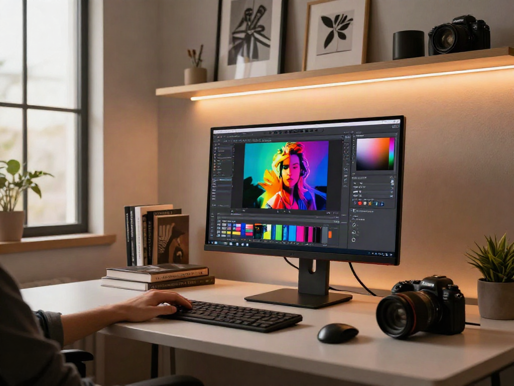 Professional designer editing vibrant images with ai photo editor in modern workspace