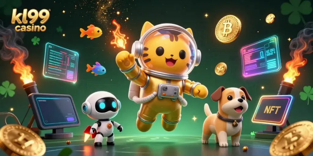 Experience the magic of the kl99 casino with a playful astronaut cat amidst floating crypto coins.