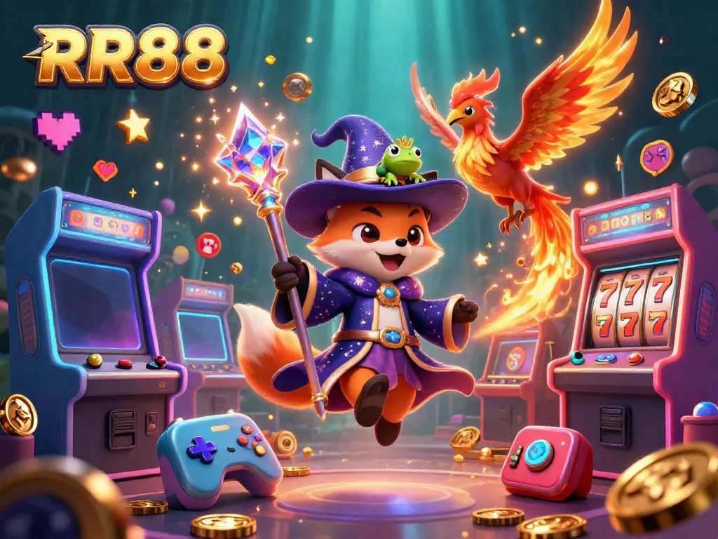 Experience the excitement of RR88 with a wizarding fox, phoenix, and vibrant casino elements.