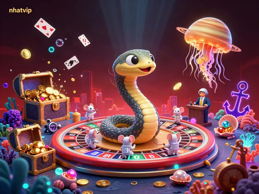 Nhatvip players engage in exciting bets swirling around a cosmic roulette scheme depicted in a vibrant 3D scene.