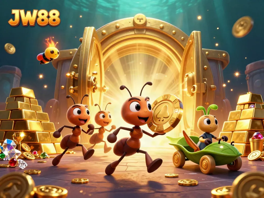 JW88 ants carry a giant poker chip amidst a vibrant, treasure-filled scene