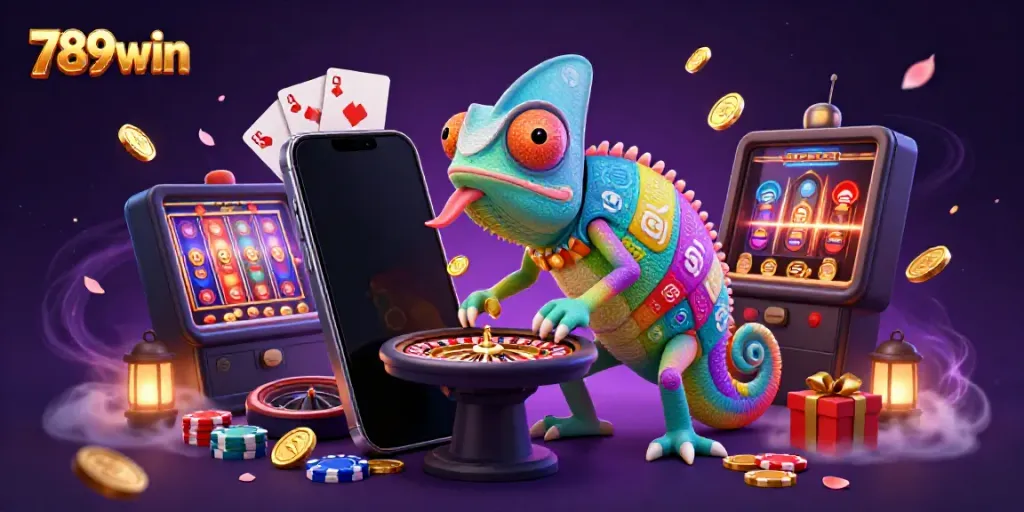 Experience the excitement of 789win with a vibrant casino scene featuring a chameleon owner catching golden coins, surrounded by gambling elements.