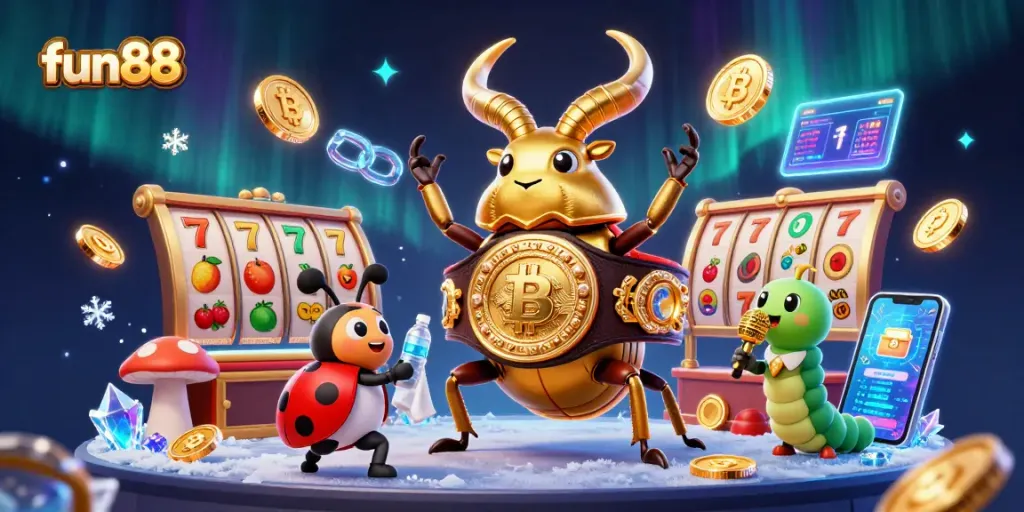 Engage with fun88 in this lively casino scene featuring vibrant symbols and lively characters.