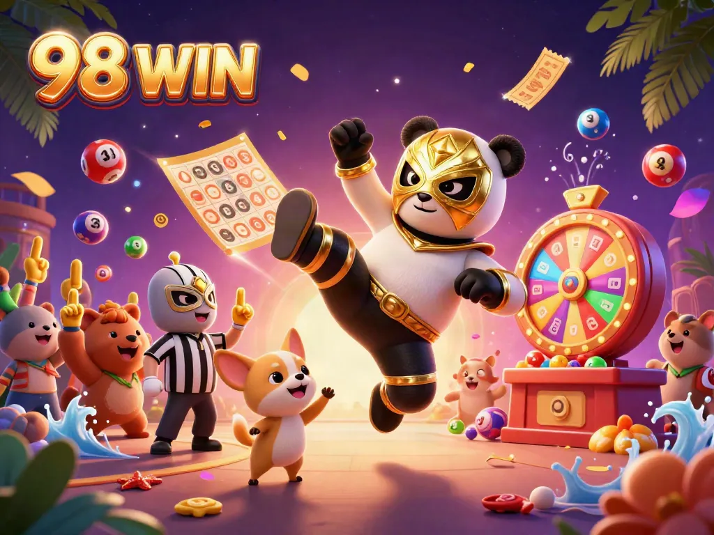 Experience the excitement of gambling with 98 WIN, featuring a panda wrestler and vibrant casino elements.