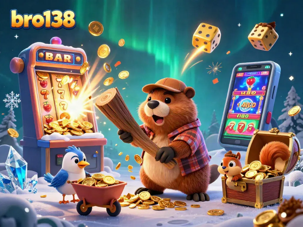 Win big with bro138 in this vibrant 3D casino illustration filled with coins and exciting game elements.