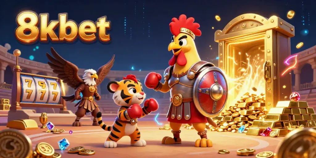 Experience the excitement of 8kbet with a gladiator rooster and rich casino elements.