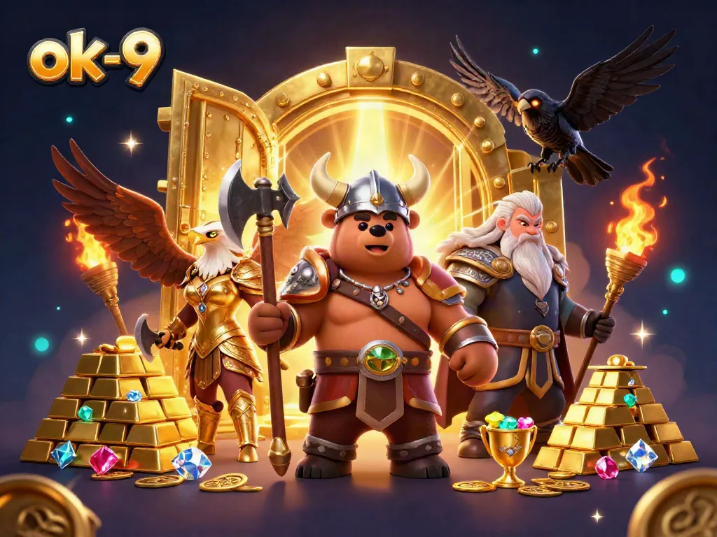 Engage in thrilling adventures with ok-9, featuring a Viking bear and Valkyrie eagle amidst treasures of gold and jewels.