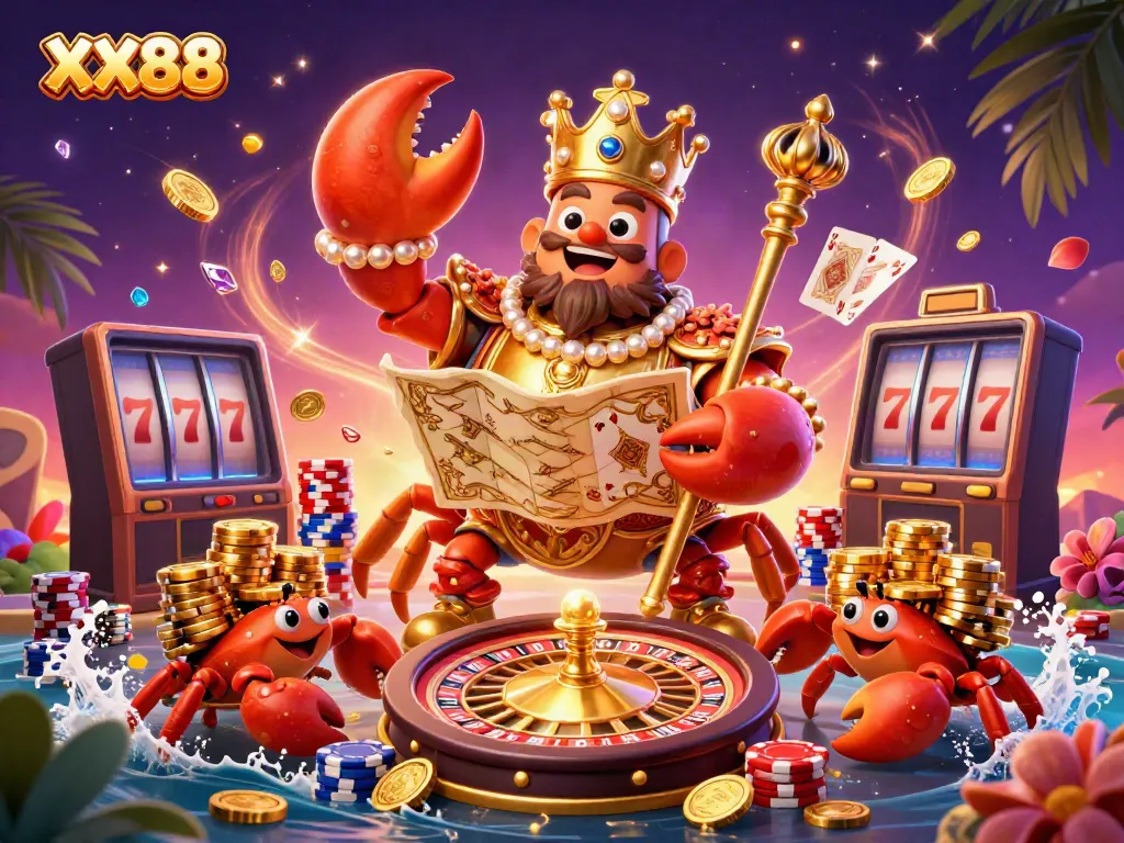 Experience the vibrant casino atmosphere with XX88 as the golden crab emperor guides you through the treasure-filled adventure.