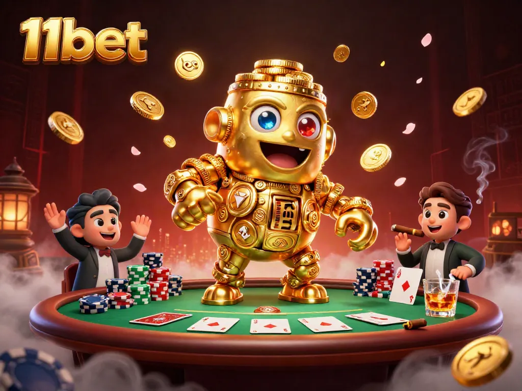 Engage with an exhilarating scene of 11bet showcasing a golden golem, poker table, and dynamic casino elements.