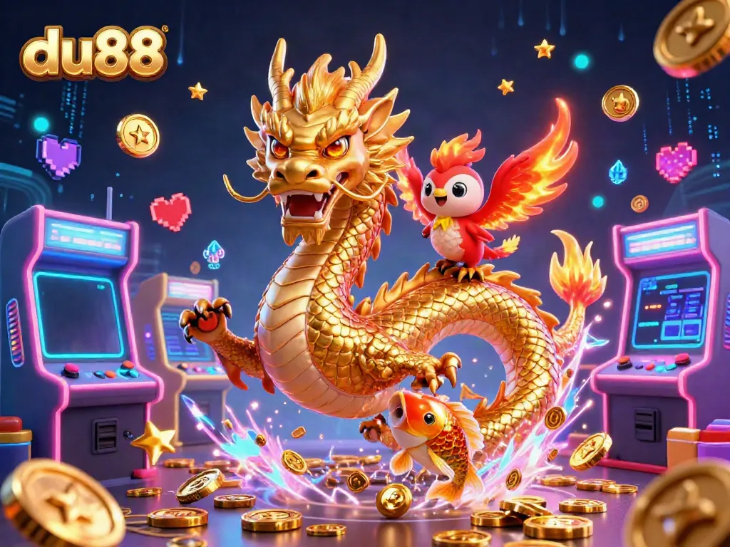 Dive into the excitement at du88, where a golden dragon, phoenix, and koi fish celebrate a shower of coins.