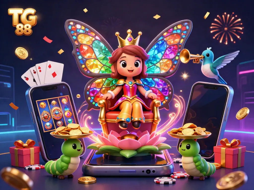 Experience gaming excitement with TG 88 featuring a colorful butterfly queen in a vibrant casino setting.