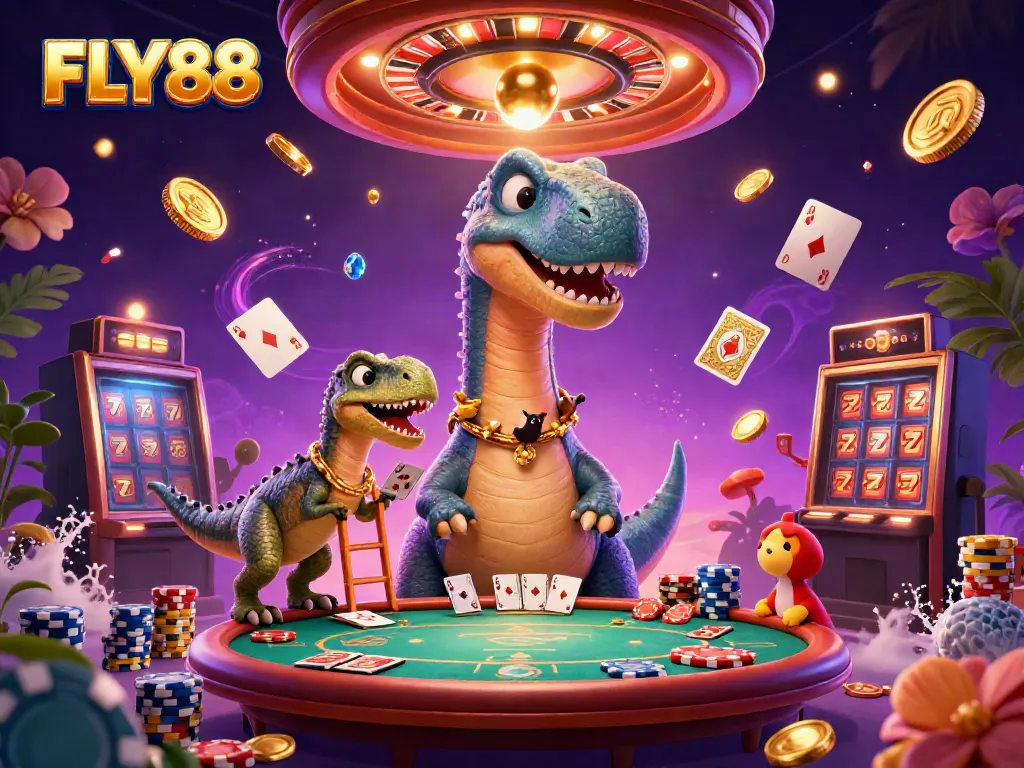 Experience excitement at FLY88 with a dinosaur-themed casino illustration featuring vibrant game elements.