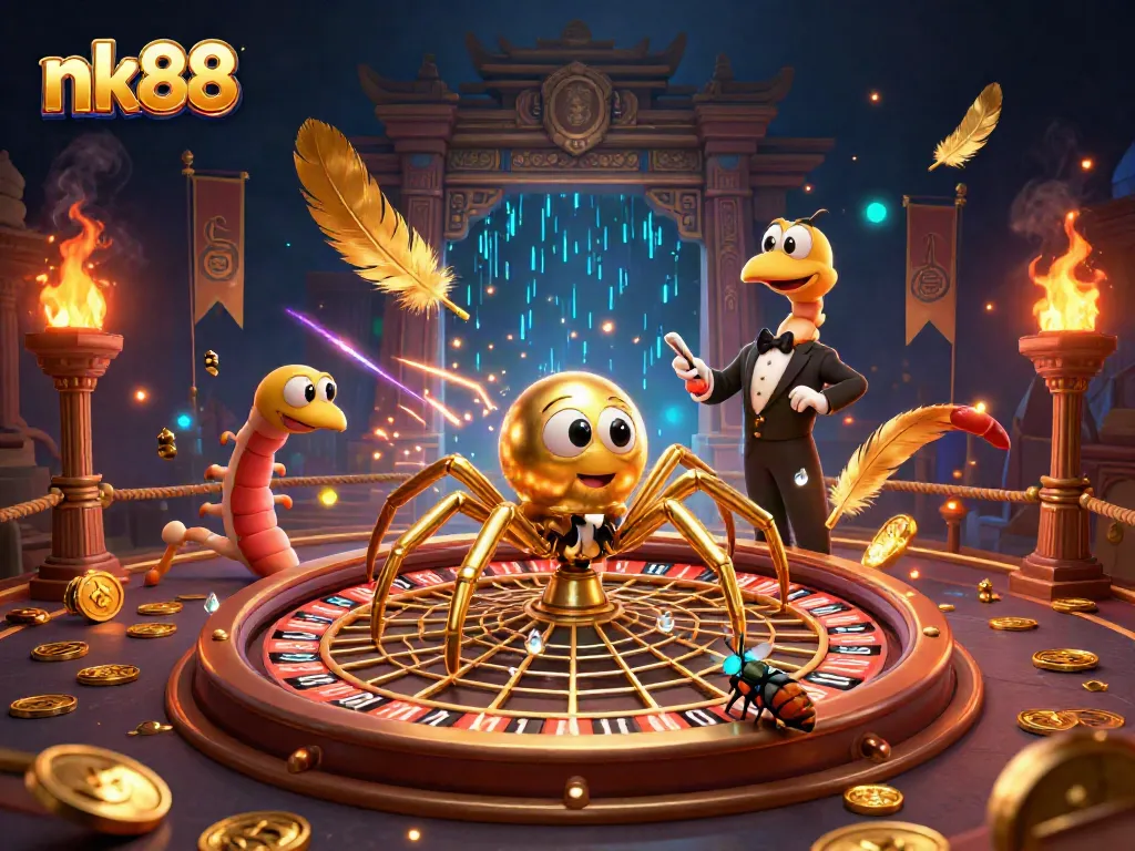 Experience thrilling bets at nk88 with a vibrant casino scene, featuring a golden spider and croupier.