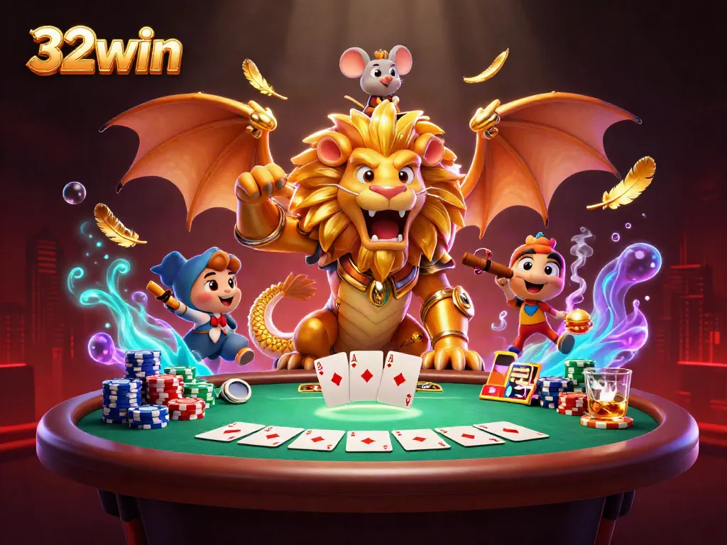 Experience thrilling gameplay at 32win with a vivid scene of poker and adventure in a majestic casino setting.