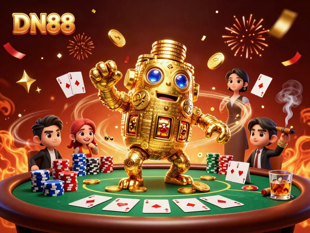Join the excitement at DN88 with a dynamic 3D scene showcasing golden golems and poker elements.