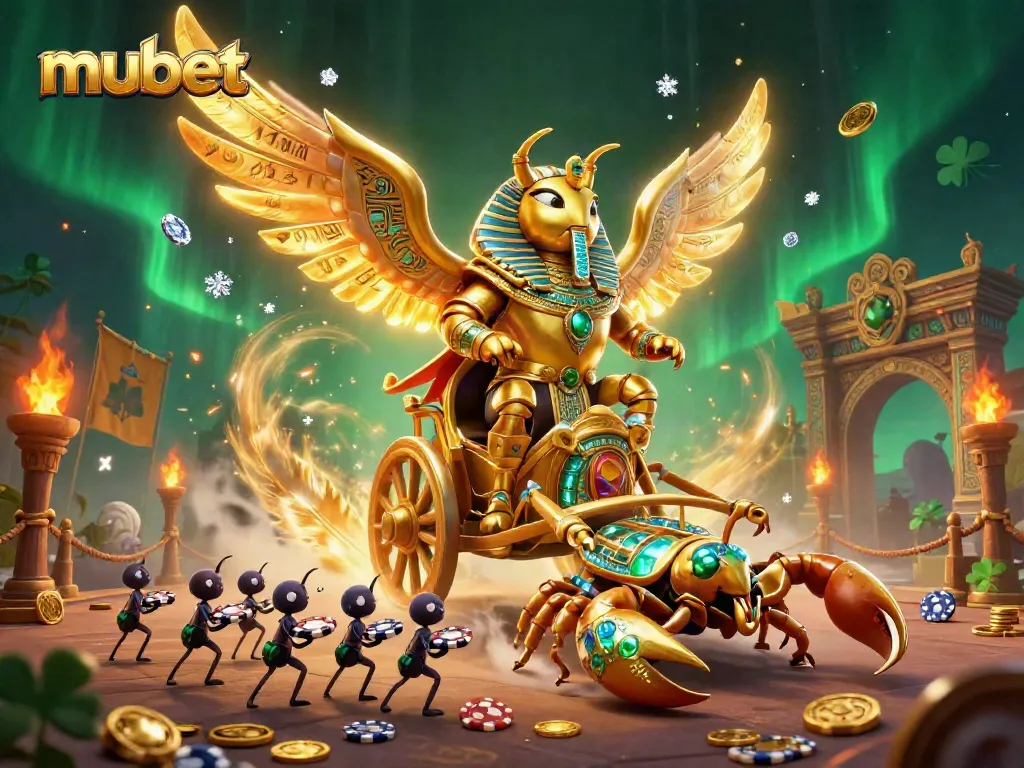 Experience thrilling gaming action with mubet, featuring a golden scarab beetle and scorpions in an exciting casino setting.
