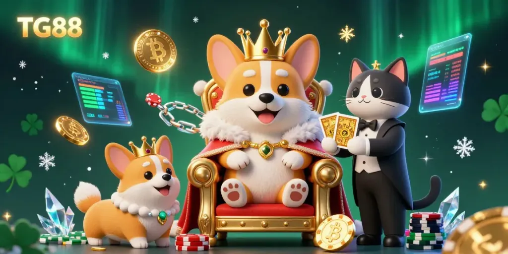 TG88 invests in excitement with a royal corgi on a throne of poker chips, embodying vibrant casino energy.