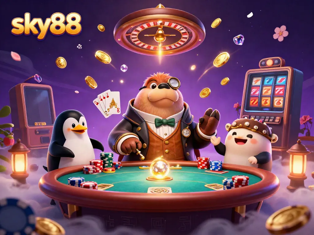 Experience thrilling gameplay at sky88 with a jolly walrus at an underwater poker table surrounded by exciting casino elements.